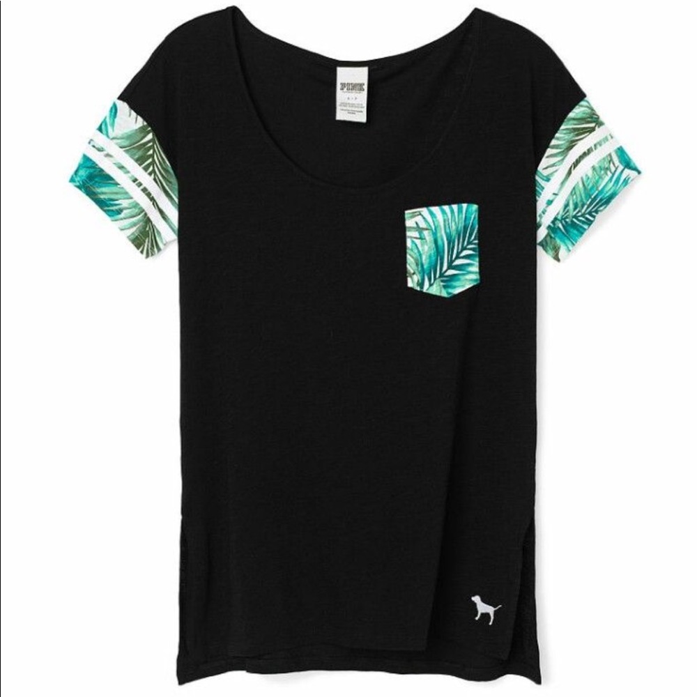 Pink VS Palm Leaf Pocket Varsity Ringer Tee M